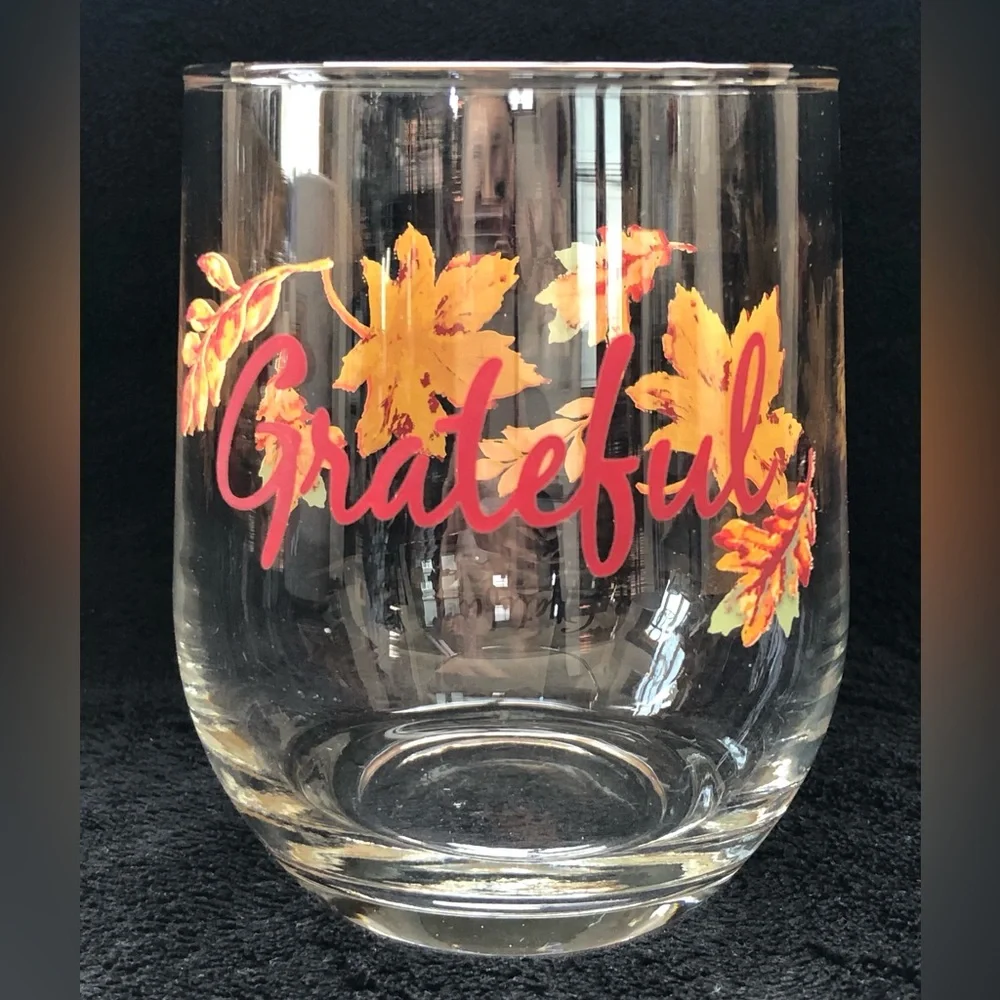 Grateful Stemless Wine Glass Leaves Fall 14 Oz